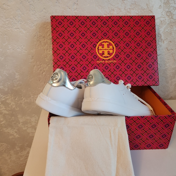 Tory Burch Woman Metallic Silver and White Sneakers - Picture 2 of 5